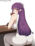  1girl 2026 artist_logo artist_name ass backboob bare_arms bare_shoulders blunt_bangs blush breast_rest breasts breasts_on_table butterfly_hair_ornament donut dress eating elbows_on_table english_commentary fern_(sousou_no_frieren) food from_behind hair_ornament holding holding_donut holding_food jk_arts large_breasts logo long_dress long_hair looking_at_viewer on_stool patreon_username purple_eyes purple_hair sidelocks signature sitting sleeveless sleeveless_dress solo sousou_no_frieren stool table white_dress wooden_table 