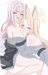  2girls absurdres animal_ear_fluff animal_ears bad_fanbox_id bad_id blonde_hair blue_archive breasts extra_ears fox_ears grey_kimono halo highres japanese_clothes kamiyama_(sayumimskz) kimono kimono_pull large_breasts long_hair looking_at_viewer mika_(blue_archive) multiple_girls open_mouth pink_hair pink_halo seia_(blue_archive) sitting smile white_background white_wings wings yellow_eyes yellow_halo 