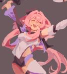  1girl black_shorts breasts chinese_commentary commentary_request corset doumi_doumi elf elysia_(honkai_impact) elysia_(miss_pink_elf)_(honkai_impact) grey_background hair_intakes honkai_(series) honkai_impact_3rd long_hair medium_breasts open_mouth outstretched_arms pink_hair pointy_ears short_shorts shorts simple_background smile solo thighs very_long_hair white_corset 
