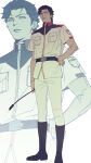  1boy absurdres black_hair collared_shirt commentary dailysarndean dark-skinned_male dark_skin earth_federation earth_federation_space_forces gundam gundam:_hathaway's_flash highres holding holding_whip kenneth_sleg male_focus military_rank_insignia military_uniform shirt solo spiked_hair whip 