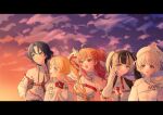  5girls :d absurdres ahoge aqua_eyes beret black_hair blonde_hair blue_eyes blue_hair clothing_cutout cloud cloudy_sky commentary_request detached_sleeves gradient_hair green_nails grey_hair hair_ribbon hat highres hiodoshi_ao hiodoshi_ao_(regloss_uniform) hololive hololive_dev_is ichijou_ririka ichijou_ririka_(regloss_uniform) juufuutei_raden juufuutei_raden_(regloss_uniform) leotard leotard_under_clothes long_hair multicolored_hair multiple_girls nail_polish official_alternate_costume open_mouth orange_hair otonose_kanade otonose_kanade_(regloss_uniform) pink_hair purple_eyes purple_hair red_eyes red_ribbon regloss_(hololive) ribbon short_hair shoulder_cutout shrug_(clothing) side_ponytail signature sky smile streaked_hair sunset toa_inusuki todoroki_hajime todoroki_hajime_(regloss_uniform) twintails twitter_username two_side_up virtual_youtuber white_hat white_leotard white_shrug 
