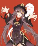  1girl absurdres boo_tao_(genshin_impact) brown_hair brown_jacket brown_shorts chinese_commentary commentary fibonacci_no_usagi genshin_impact ghost highres hu_tao_(genshin_impact) jacket jiangshi long_hair looking_at_viewer nail_polish orange_eyes red_background red_nails shorts simple_background solo 