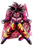  1boy absurdres black_hair blue_sash body_fur commentary_request dougi dragon_ball dragon_ball_gt highres long_hair looking_at_viewer male_focus monkey_boy monkey_tail muscular muscular_male no_nipples pants pectorals powering_up red_fur saiyan sash solo son_goku spiked_hair super_full_power_saiyan_4 super_saiyan super_saiyan_4 tail ushi_(akabec0) yellow_eyes yellow_pants 