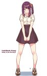  1girl bare_legs black_skirt blue_eyes closed_mouth collared_shirt commentary_request copyright_name dated full_body green_eyes hair_ornament hair_scrunchie high-waist_skirt highres jagi_(jagi_souken) legs light_blush light_smile long_sidelocks looking_at_viewer multicolored_eyes puffy_short_sleeves puffy_sleeves purple_hair scrunchie shadow shirt shoes short_sleeves side_part side_ponytail sidelocks simple_background skirt smile sneakers solo standing toki_ayano two-tone_eyes v_arms white_background white_shirt yellow_scrunchie yurucamp 