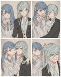  2girls ^_^ adjusting_another's_hair alternate_hair_length_(longer) aozora_ni_negau_your_happiness!_(project_sekai) aqua_eyes aqua_hair aqua_necktie black_jacket bloom_festival_(project_sekai) blue_eyes blue_hair buttons closed_eyes closed_mouth collared_dress collared_shirt commentary dress earrings embarrassed grin hair_ribbon hand_on_another's_chin high_ponytail highres hinomori_shizuku hug jacket jewelry juliet_sleeves kiritani_haruka lapels long_hair long_sleeves looking_at_viewer mole mole_under_mouth multiple_girls necktie official_alternate_costume official_alternate_hairstyle open_clothes open_jacket ponytail project_sekai puffy_sleeves ribbon shirt smile sweatdrop swept_bangs sxz3a untranslatable_commentary white_dress white_ribbon white_shirt yuri 