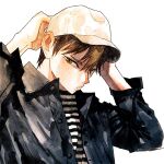  1boy baseball_cap black_hair brown_eyes buttons closed_mouth commentary_request denim denim_jacket ee_(ekk1mukk) haikyuu!! hat jacket looking_to_the_side male_focus nishinoya_yuu one_eye_closed shirt short_hair simple_background solo striped_clothes striped_shirt t-shirt unbuttoned upper_body white_background 