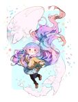  1girl absurdly_long_hair black_pantyhose blue_hair blue_skirt blush boots braid brown_boots buttons cardigan commentary english_commentary fish floating floating_hair frilled_skirt frilled_sleeves frills gradient_hair hair_ornament hair_ribbon highres littlebluemuffin long_hair multicolored_hair open_mouth original pantyhose pink_hair purple_hair red_eyes ribbon side_braid skirt smile star_(symbol) star_hair_ornament very_long_hair watermark wavy_hair white_background yellow_cardigan 