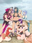  >_< 6+girls arm_hug beach bernadetta_von_varley bernadetta_von_varley_(summer) bikini black_bikini blonde_hair blue_eyes blue_hair braid breasts brown_hair cleavage closed_eyes constance_von_nuvelle constance_von_nuvelle_(summer) day dorothea_arnault dorothea_arnault_(summer) edelgard_von_hresvelg edelgard_von_hresvelg_(summer) female_byleth_(fire_emblem) female_byleth_(summer)_(fire_emblem) female_shez_(fire_emblem) female_shez_(summer)_(fire_emblem) fire_emblem fire_emblem:_three_houses fire_emblem_heroes flower full_body gloves green_eyes hair_flower hair_ornament hand_on_own_hip harem hat highres hugging_another's_leg large_breasts marianne_von_edmund marianne_von_edmund_(summer) mercedes_von_martritz mercedes_von_martritz_(summer) multiple_girls navel occultoctoling ocean one-piece_swimsuit outdoors photo_background purple_eyes purple_hair smile standing sun_hat swimsuit white_hair yuri 