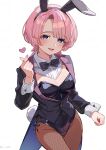  1girl animal_ears arimura_mao black_bow black_bowtie black_jacket black_leotard blush bow bowtie breasts cleavage commentary covered_navel cowboy_shot crossed_legs detached_collar dot_nose fake_animal_ears finger_heart fishnet_pantyhose fishnets gakuen_idolmaster groin hand_up heart highres idolmaster jacket lapels leotard long_sleeves looking_at_viewer open_mouth pantyhose parted_bangs pink_hair playboy_bunny purple_eyes rabbit_ears rabbit_tail shinima short_hair side_part simple_background smile standing strapless strapless_leotard tail tongue twitter_username white_background wrist_cuffs 