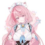 1girl :3 animal_ears bell breasts cat_ears cat_girl cat_tail cleavage commentary detached_collar highres indie_virtual_youtuber jacket large_breasts long_hair long_sleeves looking_at_viewer low_twintails maid_headdress neck_bell pink_eyes pink_hair pink_jacket sea_angel simple_background solo stemiomio tail twintails untranslatable_commentary upper_body virtual_youtuber white_background yuuki_sakuna yuuki_sakuna_(3rd_costume) 