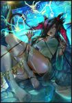  1girl black_bra black_hair black_sclera blue_eyes bra breasts colored_sclera dark-skinned_female dark_skin dragon_ears dress electricity facial_mark feet garter_straps glowing glowing_eyes hair_over_one_eye henrie_(henriehour) horns indie_virtual_youtuber large_breasts long_hair looking_at_viewer multicolored_hair multiple_horns open_mouth pink_hair streaked_hair tail thighhighs thighs toeless_legwear toes torn_clothes torn_thighhighs trickywi underwear virtual_youtuber white_dress white_thighhighs wings 
