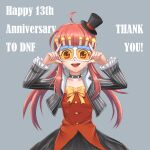  1girl :d absurdres ahoge anniversary black_choker black_hat black_jacket black_skirt blunt_bangs bow character_request check_character choker collarbone commentary dungeon_and_fighter earrings english_commentary english_text eyelashes female_mage_(dungeon_and_fighter) grey_background hands_on_eyewear hands_up happy hat highres jacket jewelry long_hair long_sleeves looking_at_viewer magelittlehat mini_hat mini_top_hat open_clothes open_jacket open_mouth orange-tinted_eyewear red_hair red_shirt shirt sidelocks simple_background skirt smile solo spiked_choker spikes star_(symbol) straight-on striped_clothes striped_jacket sunglasses teeth thank_you tinted_eyewear top_hat twintails upper_teeth_only vertical-striped_clothes vertical-striped_jacket yellow-framed_eyewear yellow_bow 