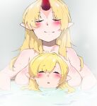  bathing blonde_hair blush breasts closed_eyes closed_mouth commentary_request horns hoshiguma_yuugi koma_kitsune_(kururito) large_breasts long_hair mizuhashi_parsee multiple_girls nude onsen partially_submerged pointy_ears same-sex_bathing shared_bathing short_hair single_horn smile steam touhou upper_body water 