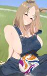  1girl absurdres alternate_costume animal_ears ball bare_shoulders blonde_hair blue_sky breasts collarbone commentary_request ear_covers ear_ornament field grin highres horse_ears horse_girl indian_style kumabachi315 large_breasts medium_hair naked_overalls narita_top_road_(umamusume) on_ground outdoors overalls parted_bangs single_ear_cover sitting sky smile soccer soccer_ball solo strap_slip umamusume 