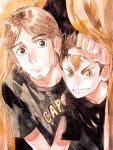  2boys azumane_asahi black_hair black_shirt brown_eyes closed_mouth commentary_request ee_(ekk1mukk) facial_hair goatee_stubble haikyuu!! looking_at_viewer male_focus multiple_boys nishinoya_yuu shirt short_hair slit_pupils smile stubble t-shirt upper_body 