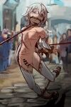  1boy architecture arms_behind_back ballet_boots bar_censor barefoot bdsm bishounen bit_gag blue_eyes blurry blurry_background bondage bound bound_ankles bound_wrists censored collar commentary_request crowd day detached_leggings detached_sleeves erection exhibitionism full_body gag gagged grey_hair hair_between_eyes hakuyagen_(yoronbi) highres humiliation hunald_ii_(fake)_(hakuyagen) leash leash_pull long_hair looking_at_viewer male_focus metal_collar metal_shoes motion_lines navel nipples nude on_floor original outdoors penis public_indecency public_nudity sidelocks slave small_testicles solo_focus stone_floor tearing_up teeth testicles thighhighs torture very_long_hair walking whip_marks white_sleeves white_thighhighs 