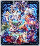  5girls 6+boys absurdres aiming angel angel_wings anniversary aquarius_blade_(kid_icarus) aries_(symbol) beard bike_shorts black_hair black_scarf blonde_hair blue_background blue_eyes blue_helmet blue_scarf bow_(weapon) brown_hair bubble cancer_(symbol) cancer_claws_(kid_icarus) cape capricorn_(symbol) capricorn_club_(kid_icarus) chain clenched_hand club_(weapon) colored_skin comedy_and_tragedy_masks commentary_request dark_pit dress dyntos facial_hair fake_horns fighter_(kid_icarus) fingernails gaol gemini_(symbol) gemini_orbitars_(kid_icarus) gold_chain green_eyes green_hair hades_(kid_icarus) helmet highres holding holding_bow_(weapon) holding_sword holding_weapon horned_helmet horns jewelry kid_icarus kid_icarus_uprising leo_(symbol) leo_cannon_(kid_icarus) libra_(symbol) long_hair looking_at_viewer magnus_(kid_icarus) magnus_club_(kid_icarus) midriff multicolored_hair multiple_boys multiple_girls navel one_eye_closed palutena pdatensi pendant phosphora pisces_(symbol) pit_(kid_icarus) plant purple_skin red_dress red_eyes sagittarius_(symbol) sagittarius_bow_(kid_icarus) sandals scarf scorpio_(symbol) scorpio_staff_(kid_icarus) sharp_fingernails sharp_toenails single_thighhigh smile snake_hair sparkle standing sword taurus_(symbol) taurus_arm_(kid_icarus) thighhighs toenails torn_cape torn_clothes two-tone_hair very_long_hair vines virgo_(symbol) virgo_palm_(kid_icarus) viridi weapon white_scarf wings zodiac 