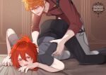  2boys black_pants black_shirt blue_eyes blush commentary_request diluc_(genshin_impact) earrings from_behind genshin_impact grey_pants highres hiki_yuichi jewelry long_hair long_sleeves male_focus multiple_boys open_mouth orange_hair pants red_eyes red_hair red_shirt shirt short_hair single_earring smile tartaglia_(genshin_impact) yaoi 