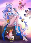  1girl absurdres alternate_breast_size_(larger) aqua_eyes bikini blue_hair breasts cleavage closed_mouth commentary eidis_scarlet english_commentary flower full_body hair_between_eyes halo hand_up head_wings highres holding holding_microphone honkai:_star_rail honkai_(series) large_breasts leg_up long_hair looking_at_viewer microphone official_alternate_costume robin_(honkai:_star_rail) robin_(summeretto)_(honkai:_star_rail) sandals signature sitting stomach swimsuit toenails twitter_username very_long_hair white_bikini white_wings wings yellow_flower 