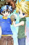  2000s_(style) 2boys :d arm_at_side arm_behind_back bare_shoulders bishounen blonde_hair blue_eyes blue_pants blue_shirt brown_eyes brown_gloves brown_hair brown_shorts checkered_background closed_mouth commentary_request cowboy_shot curtained_hair digimon digimon_adventure gesture_request gloves goggles goggles_on_head green_shirt hairstyle_request ishida_yamato layered_shirt looking_at_viewer male_focus multiple_boys open_mouth pants pocket shirt short_sleeves shorts sleeveless sleeveless_shirt smile sparkle spiked_hair standing v-shaped_eyebrows white_gloves yagami_taichi yuizawa 