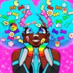  1girl absurdres alternate_hairstyle alternate_skin_color aqua_eyes aqua_hair aqua_necktie aqua_trim bandaid bare_shoulders black_sleeves candy_hair_ornament colorful dark-skinned_female dark_skin darkened_skin decora detached_sleeves food-themed_hair_ornament hair_ornament hatsune_miku highres lollipop_hair_ornament long_hair looking_at_viewer multicolored_nails necktie prismismz rainbow_hair_ornament shirt sleeveless sleeveless_shirt smile smile_on_rainbow_flower!! solo sticker sticker_on_face too_many_hair_ornaments twintails very_long_hair vocaloid 