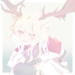  1girl absurdres animal_ears antlers arknights black_shirt blonde_hair blue_eyes border cape commentary_request deer_antlers deer_ears deer_girl green_background highres hood hood_down hooded_cape horns kujou_koto long_hair looking_at_viewer open_mouth outside_border portrait shirt simple_background smile solo viviana_(arknights) white_border white_cape 