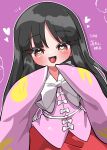  1girl absurdres black_hair blush bow bowtie commentary_request cowboy_shot heart heart-shaped_pupils highres houraisan_kaguya komugi_zora long_hair long_sleeves looking_at_viewer open_mouth outline pink_background pink_shirt red_eyes red_skirt shirt simple_background skirt smile solo symbol-shaped_pupils touhou white_bow white_bowtie white_outline wide_sleeves 