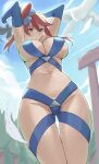  1girl absurdres aircraft airplane armpits arms_up bikini blue_eyes blue_gloves blue_sky breasts calmgreentori commentary_request elbow_gloves gloves highres large_breasts long_hair navel outdoors pokemon pokemon_(creature) pokemon_black_and_white red_hair revealing_clothes sky skyla_(pokemon) solo standing swimsuit thighs tree 