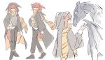  1girl alternate_costume animal_hood arknights black_coat black_pants black_shoes coat covered_mouth crownslayer_(arknights) dopperu_ben dragon floppy_ears grey_sweater_vest hair_ornament hairclip highres hood hood_down hood_up looking_at_viewer multiple_views necktie open_clothes open_coat orange_necktie orange_scarf pants red_eyes red_hair scarf shoes simple_background solo standing sweater_vest walking white_background 