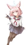  1girl absurdres animal_ear_fluff animal_ears b_h_(ypru5228) black_gloves blue_archive blue_eyes blue_halo blue_sailor_collar blue_skirt blush brown_pantyhose closed_mouth commentary fingerless_gloves fox_ears fox_girl fox_shadow_puppet gloves halo highres neckerchief niko_(blue_archive) pantyhose pink_hair red_neckerchief sailor_collar school_uniform serafuku shirt skirt smile solo white_shirt 