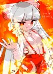  1girl absurdres bow breasts closed_mouth collared_shirt commentary_request cowboy_shot fire fujiwara_no_mokou hair_bow hand_in_pocket highres komugi_zora long_hair medium_breasts ofuda ofuda_on_clothes open_hand pants pyrokinesis red_eyes red_pants shirt sidelocks smirk solo standing suspenders touhou very_long_hair white_bow white_hair white_shirt 