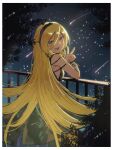  1girl armpit_peek bare_shoulders black_dress black_hairband blonde_hair blue_eyes blush border bracelet dress fence from_behind fukomo hairband highres jewelry lily_(vocaloid) long_hair looking_at_viewer night open_mouth outdoors shooting_star sky smile solo star_(sky) v very_long_hair vocaloid white_border 