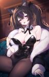  1girl absurdres animal_ear_fluff animal_ears arm_strap bare_shoulders black_hair black_jacket black_leotard breasts brown_pantyhose cat_ears cat_girl ceiling cleavage collarbone commentary couch covered_groin covered_navel criss-cross_strings crossed_bangs detached_collar dutch_angle english_commentary fur-trimmed_jacket fur_trim hair_between_eyes hair_intakes highres indie_virtual_youtuber indoors jacket kam-ja large_breasts leotard leotard_tug light_particles long_hair long_sleeves multicolored_hair nail_polish off_shoulder on_couch open_clothes open_jacket pantyhose playboy_bunny purple_hair purple_nails purple_streaks sideboob sidelocks sitting smile strapless strapless_leotard streaked_hair sweet_lena thighs tongue tongue_out twintails very_long_hair virtual_youtuber white_wrist_cuffs wrist_cuffs 