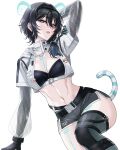  1girl abs absurdres animal_ears aqua_eyes arm_behind_head belt black_belt black_gloves black_hair black_shorts black_tube_top body_markings breasts buckle character_brooch collarbone commentary crop_top cropped_jacket cyber_fashion cyborg dolphin_shorts drawstring erina_makina erina_makina_(codename:_automaton) eyewear_on_head gloves glowing_markings hair_intakes hair_tie half-closed_eyes heterochromia high_collar highres holographic_ears hood hood_down hoodie jacket linea_alba long_hair looking_at_viewer looking_down makinist_(erina_makina) maximum_pamyu micro_shorts midriff multiple_belts navel number_print official_alternate_costume official_alternate_hairstyle open_clothes open_jacket parted_lips paw_print_ornament phase_connect pink_eyes safety_glasses see-through_clothes see-through_sleeves shorts side_ponytail sidelocks simple_background single_thighhigh snap-fit_buckle solo spy strapless tail teeth textless_version thighhighs tiger_ears tiger_girl tiger_tail tube_top underbust untranslatable_commentary upper_teeth_only variant_set virtual_youtuber white_background white_belt white_jacket white_tiger_print 