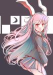  1girl animal_ears black_jacket blazer blush closed_mouth commentary_request cowboy_shot from_side grey_background highres jacket kanzakietc long_hair long_sleeves looking_at_viewer looking_to_the_side miniskirt one-hour_drawing_challenge pink_skirt pleated_skirt rabbit_ears rabbit_girl red_eyes reisen_udongein_inaba skirt smile solo touhou very_long_hair 