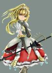  1girl armor armored_boots black_gloves blonde_hair blue_eyes boots breastplate commentary_request diamond_(gemstone) dress gloves grey_background high_ponytail highres holding holding_scepter layered_dress long_hair looking_at_viewer parted_lips ponytail puffy_short_sleeves puffy_sleeves scepter sekaiju_no_meikyuu sekaiju_no_meikyuu_3 short_sleeves silver_tiara simple_background solo sovereign_(sekaiju) sovereign_2_(sekaiju) trrcmb 
