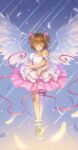  1girl brown_hair cardcaptor_sakura closed_eyes closed_mouth commentary_request dress facing_viewer falling_feathers feathers frilled_anklet frilled_dress frills full_body hair_ribbon highres holding holding_wand hoshi_no_tsue kinomoto_sakura kinomoto_sakura_(astral_sakura) layered_dress lazuri7 magical_girl pink_ribbon puffy_short_sleeves puffy_sleeves ribbon shoes short_hair short_sleeves single_thighhigh smile solo star_(symbol) thighhighs wand white_dress white_shoes white_thighhighs white_wings wings 
