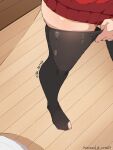  1girl adjusting_clothes adjusting_legwear alternate_legwear between_legs black_thighhighs dress english_commentary feet finger_under_clothes hand_between_own_legs jk_arts leg_focus legs lower_body nail_polish patreon_username pink_nails red_dress red_sweater short_dress solo spy_x_family sweater sweater_dress thick_thighs thighhighs thighs toenail_polish toenails toes torn_clothes torn_thighhighs twitter_username wooden_floor yor_briar zettai_ryouiki 
