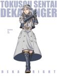  1girl blue_eyes blue_gloves blue_necktie blue_shirt blue_vest boots bracerottle character_name coat coat_dress collared_shirt commentary copyright_name crossed_ankles dekabright dress full_body gloves gold_trim grey_coat grey_dress grey_hair grey_hat hat headset highres invisible_floor jinri_shijie long_dress long_hair long_sleeves looking_at_viewer looking_to_the_side necktie parted_lips red_pupils shirt simple_background sleeveless sleeveless_jacket solo standing super_sentai tokusatsu tokusou_sentai_dekaranger vest white_background 
