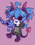  1girl @_@ absurdres ahoge blue_hair blue_skin bone_hair_ornament chibi colored_skin demon_girl demon_horns demon_tail hair_ornament heterochromia highres horns indie_virtual_youtuber plaguebby solo spikes stuffed_toy tail tentacles virtual_youtuber x_eye 