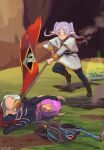  2girls ass aura_(sousou_no_frieren) aura_bullying_(meme) black_boots black_gloves black_pantyhose boots braid brown_boots brown_horns cape capelet demon_girl demon_horns dirty elbow_gloves elf fetal_position flag flamethrower frieren gloves grass halo:_combat_evolved halo_(series) highres hitting holding holding_flag horns kanokoga lying m7057 meme multiple_braids multiple_girls on_ground on_side outdoors pantyhose pink_hair pointy_ears red_cape robe running sidelocks signature skirt smoking sousou_no_frieren teleporter thigh_boots twintails waist_cape weapon white_capelet white_hair white_robe white_skirt 