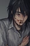  1boy arm_up black_eyes black_hair black_shirt blood blood_on_face collared_shirt commentary english_commentary grey_background grey_shirt hair_behind_ear hair_between_eyes injury looking_to_the_side male_focus nosebleed original parted_bangs sanpaku shirt sideways_glance solo t4ruyo upper_body wing_collar 