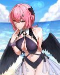  1girl absurdres beach bikini black_bikini black_bow black_wings blue_sky bow breasts gdog_0164 hair_bow hair_intakes highres large_breasts medium_hair midriff navel ocean official_alternate_costume outdoors pink_hair purple_eyes remielle_dan remielle_dan_(moonlight_whispers) revision sky solo swimsuit thighs wings zenless_zone_zero 