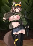  1girl absurdres animal_ears bikini black_bikini black_gloves blue_shorts breasts brown_hair callisto_(greyeth) camouflage camouflage_pants commission day fingerless_gloves forest fox_ears fox_girl fox_tail gloves gun handgun highres k0ng large_breasts nature navel_piercing nipple_piercing nipples open_mouth original outdoors pants piercing second-party_source shorts sig_mpx sig_sauer submachine_gun swimsuit tail weapon 
