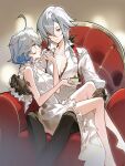  2girls absurdres ahoge arlecchino_(genshin_impact) arlecchino_(the_final_gift)_(genshin_impact) arm_around_shoulder asymmetrical_bangs black_bra black_eyes black_hair black_hands black_pants black_ribbon black_streaks blue_eyes blue_hair blue_streaks bra bra_peek breasts brown_background cake cake_slice cherry chinese_commentary cleavage closed_mouth colored_extremities commentary_request couch dress eyelash_ornament feeding feet_out_of_frame food frilled_dress frills fruit furina_(genshin_impact) genshin_impact hair_intakes hair_over_one_eye hair_ribbon highres holding holding_plate holding_spoon huge_ahoge long_hair looking_at_another low_neckline medium_breasts mie_xing multicolored_hair multiple_girls nail_polish pants parted_bangs parted_lips plate profile red_nails red_pupils ribbon second-party_source shirt simple_background sitting sitting_on_lap sitting_on_person sleeveless sleeveless_dress smile spoon streaked_hair suspenders symbol-shaped_pupils two-tone_hair underwear white_dress white_hair white_shirt x-shaped_pupils yuri 
