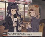  2girls 7-eleven absurdres alternate_costume asymmetrical_hair bag black_jacket black_pants black_suit blonde_hair blue_hair blunt_bangs bow business_suit churro closed_eyes coffee collared_shirt commentary convenience_store copyright_name cup disposable_coffee_cup disposable_cup dizzy_dokuro dotr_art dress_shirt drill_hair eating english_text food food_on_face green_pants grey_sweater hair_bow hair_rollers highres holding holding_bag holding_churro holding_food holding_microphone jacket lapels logo long_hair long_sleeves looking_at_another marimari_(vtuber) microphone multiple_girls news notched_lapels orange_bow outdoors pants paper_bag phase_connect pointy_ears red_eyes reporter shelf shirt shop short_eyebrows sidelocks sign suit suit_jacket sweater tile_floor tiles translation_request twin_drills twintails untranslatable_commentary virtual_youtuber wet_floor_sign white_shirt window 