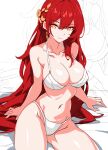  1girl bikini breasts cleavage commentary earrings english_commentary hair_ornament highres himeko_(honkai:_star_rail) honkai:_star_rail honkai_(series) jewelry kili_kilio large_breasts long_hair looking_at_viewer navel red_hair sitting smile solo swimsuit very_long_hair white_bikini yellow_eyes 