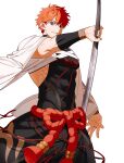  1boy abs absurdres brown_eyes cape commentary_request emiya_shirou fate/grand_order fate_(series) highres holding holding_sword holding_weapon japanese_clothes katana korean_commentary light_smile male_focus messy_hair onyajj orange_hair senji_muramasa_(fate) senji_muramasa_(second_ascension)_(fate) simple_background solo spiked_hair sword toned toned_male weapon white_background white_cape 