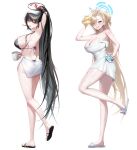  2girls absurdres ass asuna_(blue_archive) asymmetrical_bangs bikini black_bikini black_hair black_halo blonde_hair blue_archive blue_eyes blue_halo blush bow_hairband breasts cleavage commentary cup eyes_visible_through_hair foot_up_heel_up grin hair_ornament hair_over_one_eye hair_up hairband hairclip halo highres holding holding_cup holding_rubber_duck holding_soap huge_breasts korean_commentary large_breasts limi_(li_mi_0) long_hair looking_at_viewer mug multicolored_halo multiple_girls naked_towel red_eyes rio_(blue_archive) sandals simple_background smile soap standing standing_on_one_leg string_bikini swimsuit toothbrush toothbrush_in_mouth towel towel_on_head two-tone_halo very_long_hair white_background 