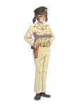  1girl belt beret black_hat black_shoes brown_hair brown_jacket brown_pants collarbone dark-skinned_female dark_skin fluffkaiser freckles full_body green_belt green_eyes grin hands_on_own_hips hat highres holster holstered iraqi_army jacket one_eye_closed original pants ponytail samira_lina shoes smile solo 